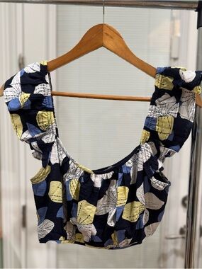 eesome Navy Blue Floral Crop Top with Yellow & White Accents